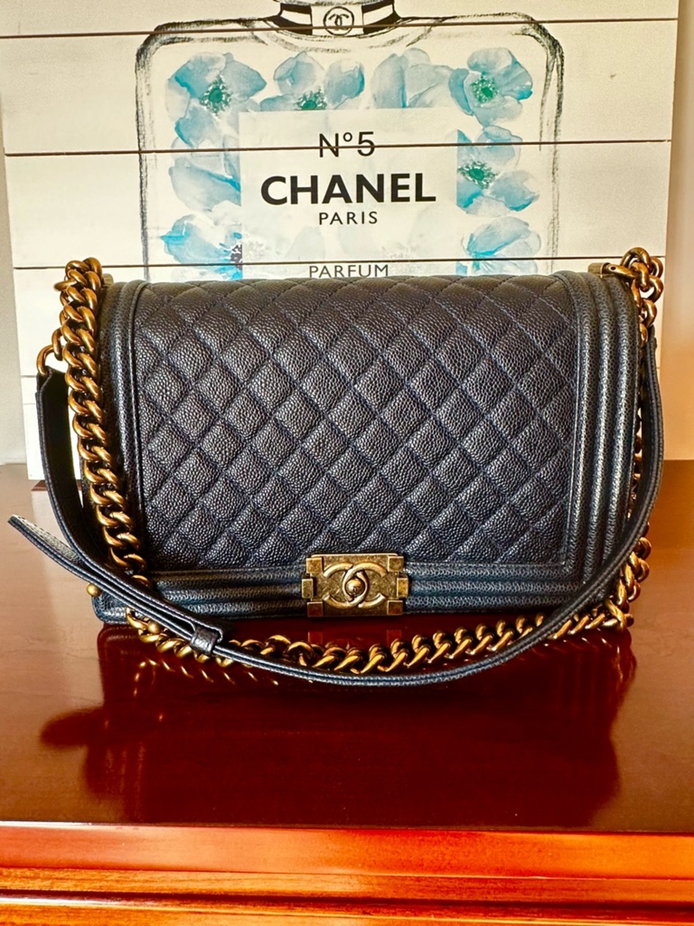 CHANEL Dark Navy Quilted Boy Flap Shoulder Bag with Gold Chain